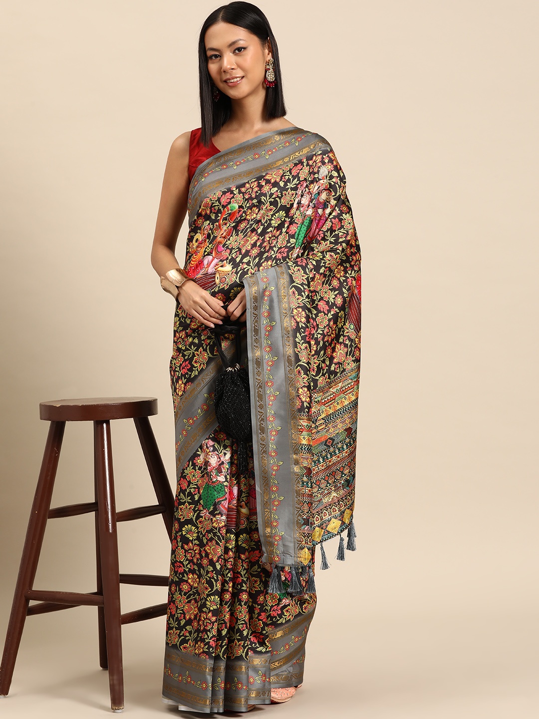

Silk Land Floral Zari Silk Blend Banarasi Saree, Black