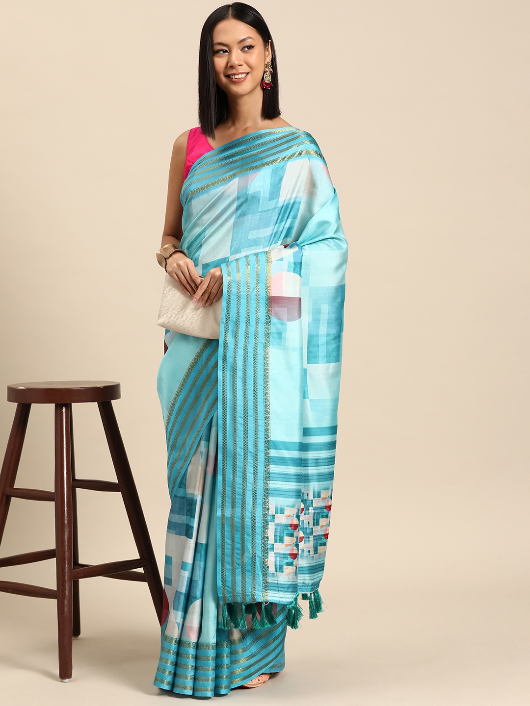 

Silk Land Banarsai Art Silk Digital Print saree, Turquoise blue