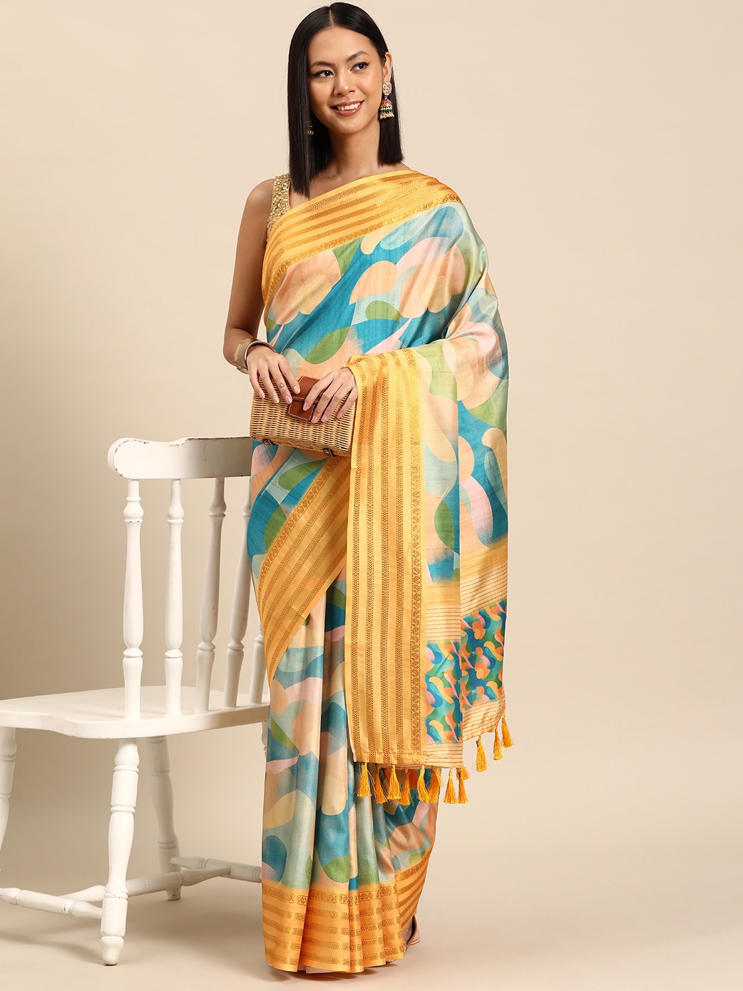 

Silk Land Printed Zari Silk Blend Banarasi Saree, Turquoise blue