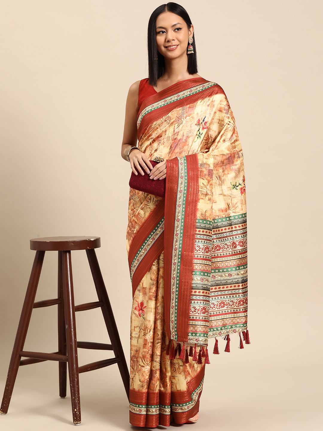 

Silk Land Floral Zari Silk Blend Banarasi Saree, Beige