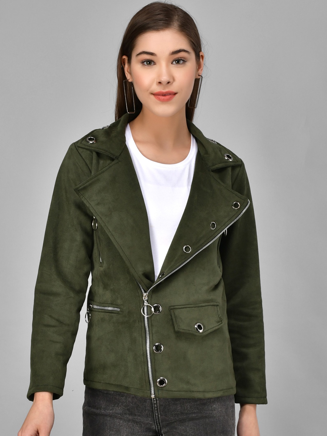 

BAESD Lapel Collar Tailored Jacket With Studded, Olive