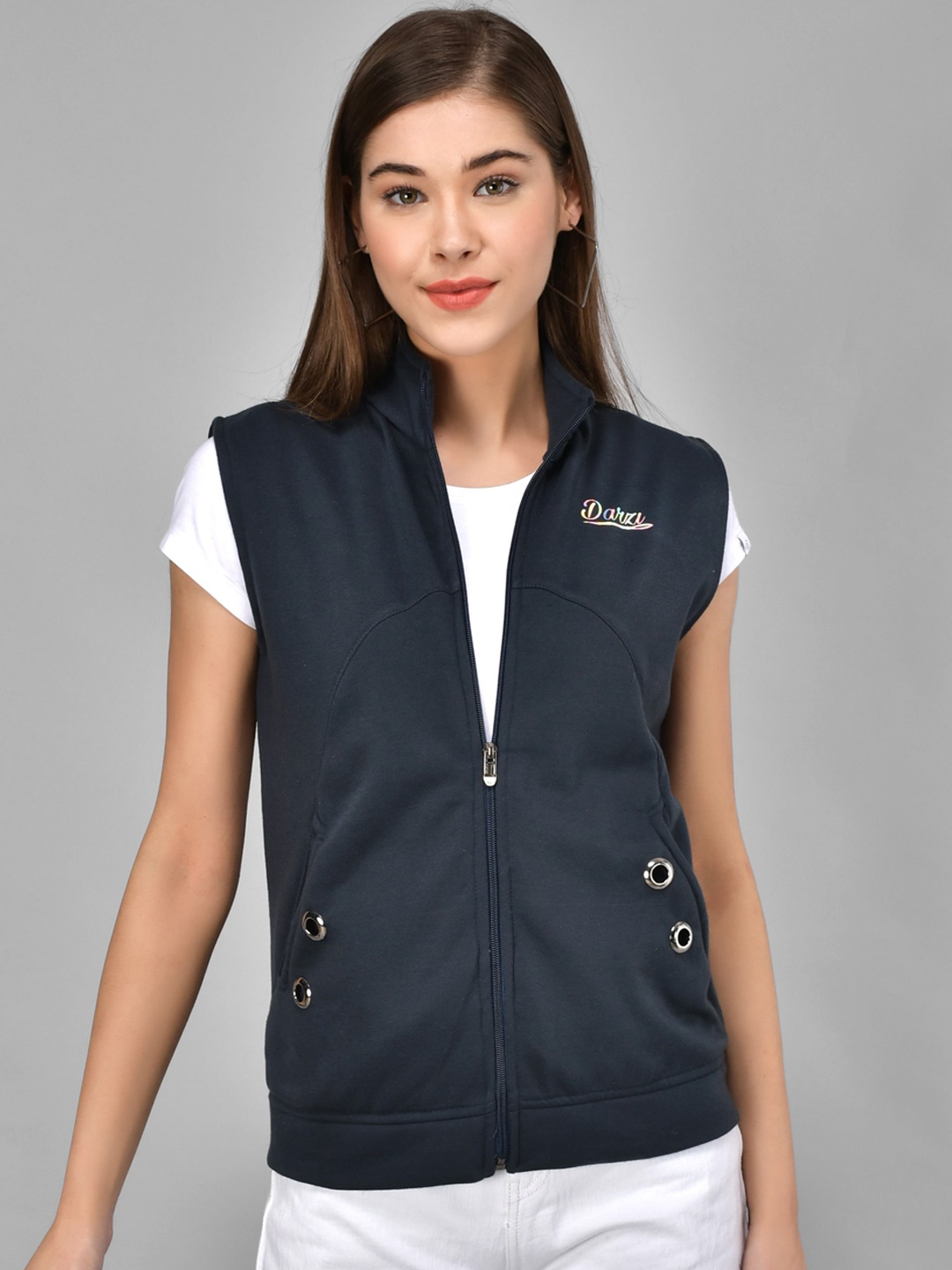 

BAESD Stand Collar Sleeveless Open Front Jacket, Navy blue