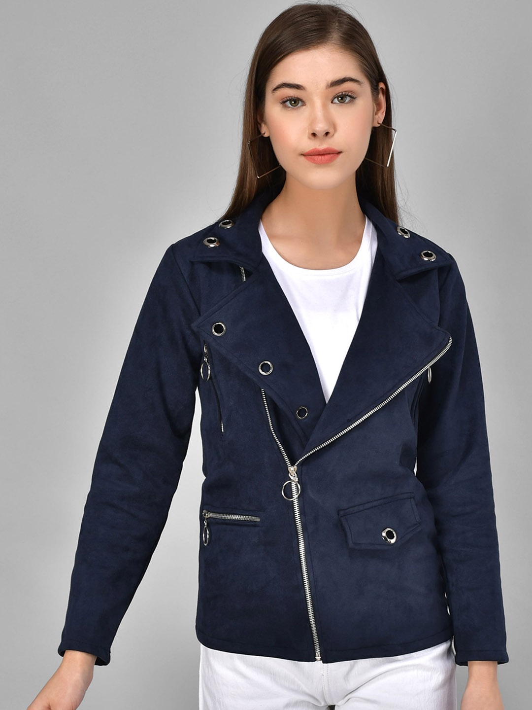 

BAESD Lapel Collar Tailored Jacket With Studded, Navy blue