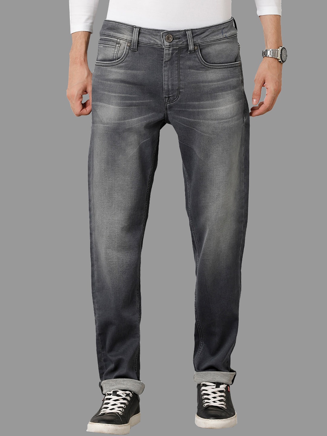 

Voi Jeans Slim Fit Heavy Fade Whiskers Clean Look Stretchable Jeans, Grey