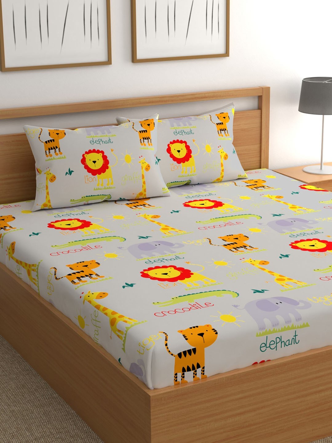 

CHHAVI INDIA Grey & Mustard Graphic 210 TC Queen Bedsheet & 2 Pillow Covers