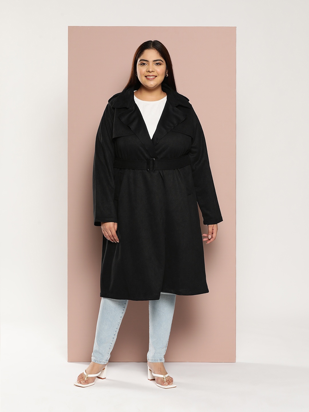 

Sztori Plus Size Belted Open-Front Longline Overcoat, Black