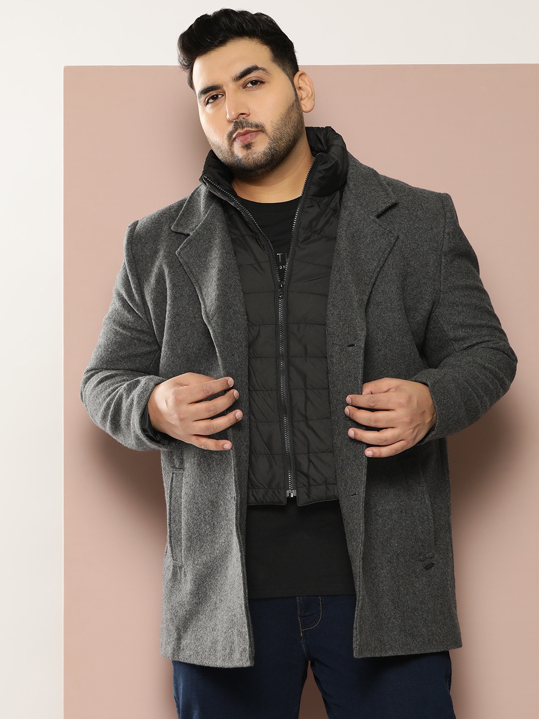 

Sztori Plus Size Notched Lapel Collar Over Coat, Grey