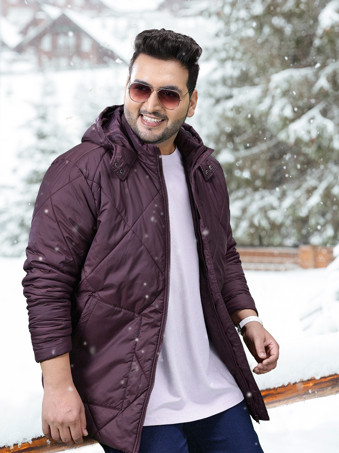 

Sztori Plus Size Men Solid Longline Hooded Padded Jacket, Purple