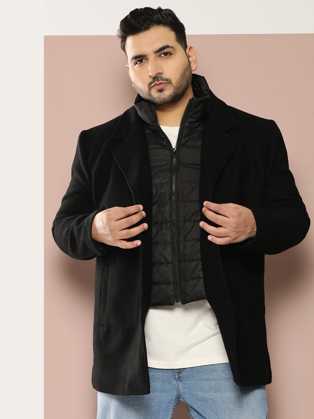 

Sztori Plus Size Notched Lapel Collar Over Coat, Black