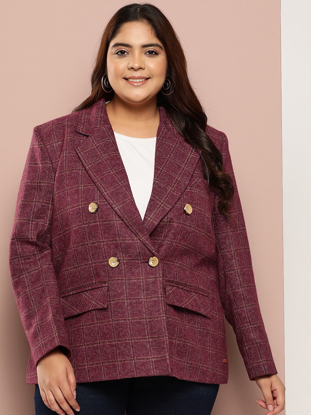 

Sztori Plus Size Checked Tweed Double-Breasted Formal Blazer, Maroon