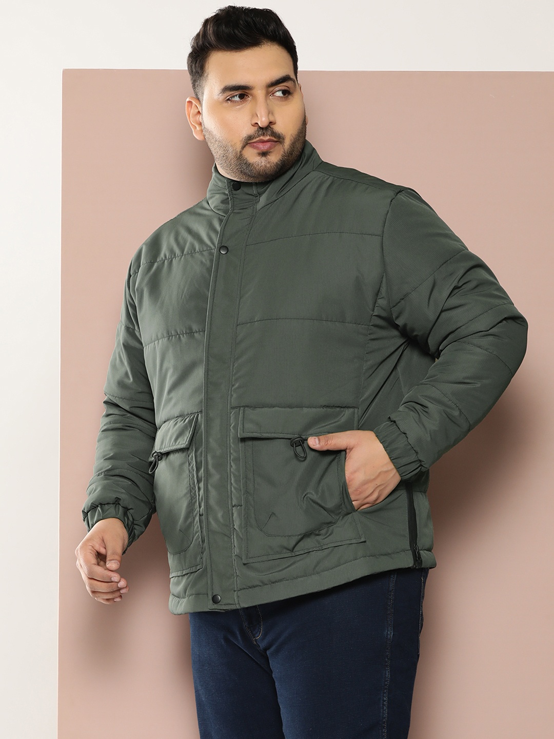 

Sztori Plus Size Mock Collar Oversized Pockets Detailed Padded Jacket, Olive