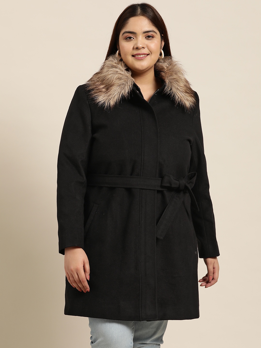 

Sztori Women Plus Size Faux Fur Detail Longline Parka Coat, Black