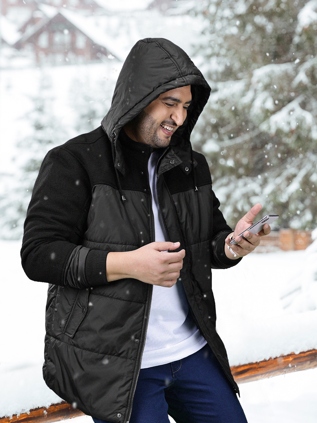 

Sztori Plus Size Men Panelled Longline Hooded Padded Jacket, Black