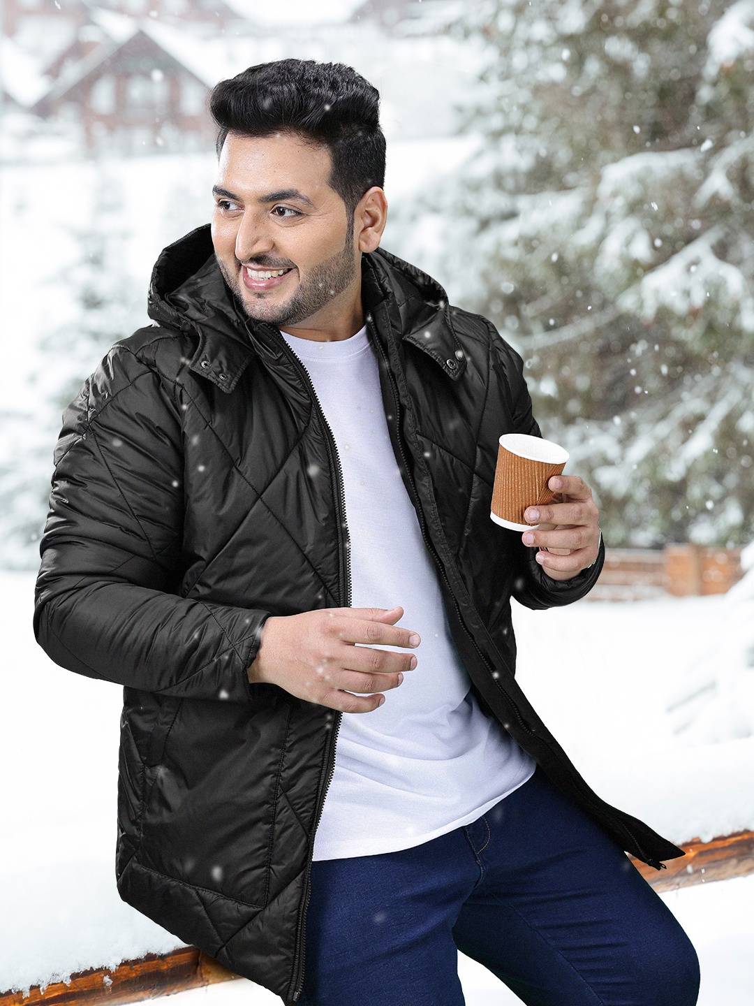 Sztori Plus Size Men Solid Longline Hooded Padded Jacket, Black