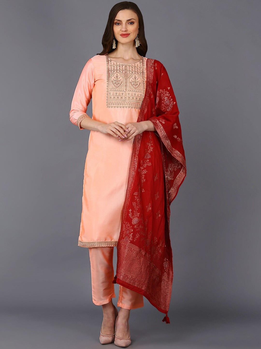 

AHIKA Women Peach-Coloured Yoke Embroidered Kurta With Trousers & Dupatta