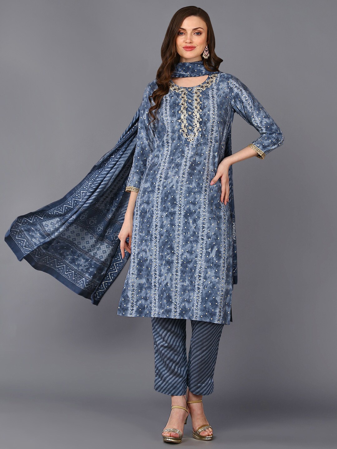 

AHIKA Ethnic Motifs Printed Thread Work Straight Kurta With Trouser & Dupatta, Blue
