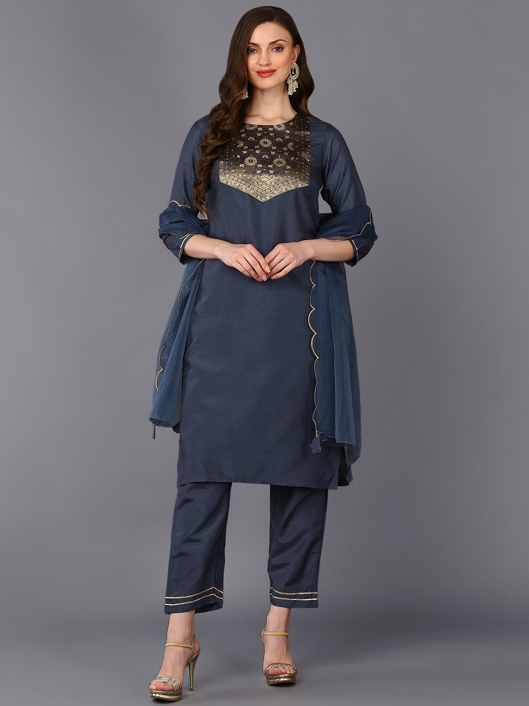 

AHIKA Grey Ethnic Motifs Yoke Design Regular Kurta With Trousers & Dupatta