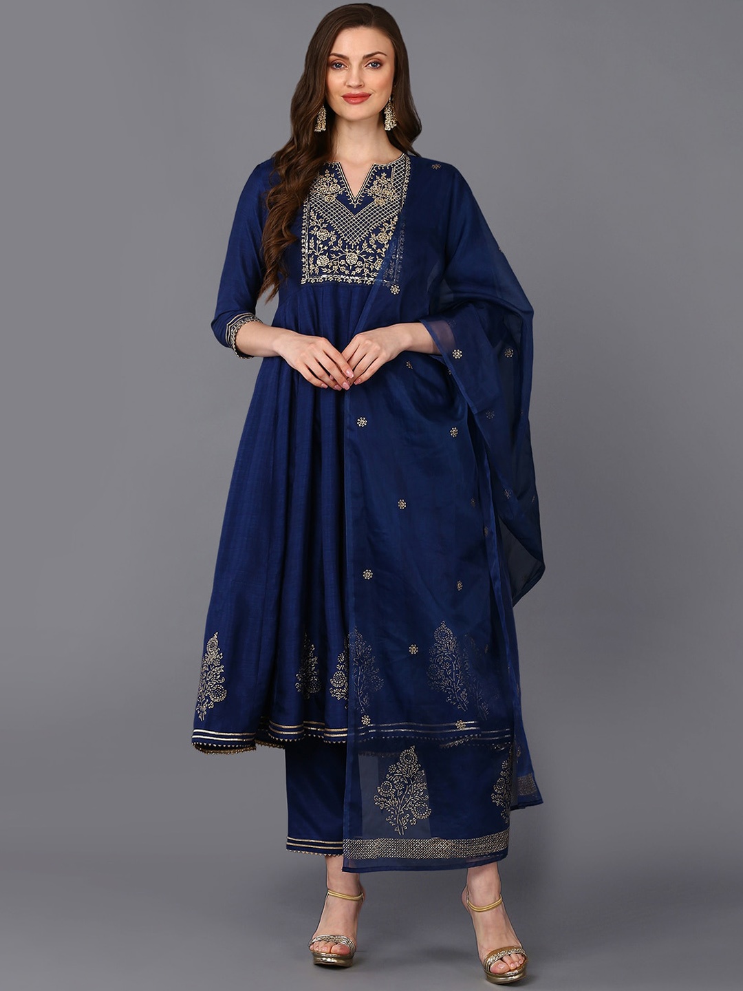 

AHIKA Women Navy Blue Ethnic Motifs Yoke Empire Anarkali Kurta With Trousers & Dupatta