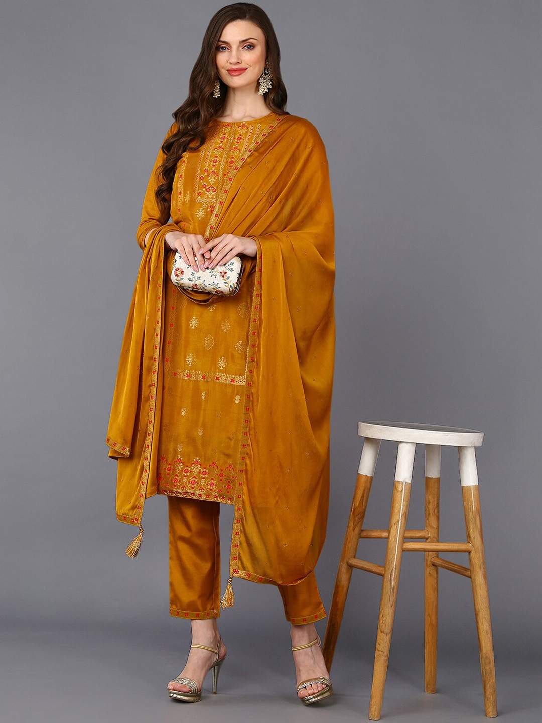 

AHIKA Mustard Yellow Ethnic Motifs Regular Kurta With Trousers & Dupatta