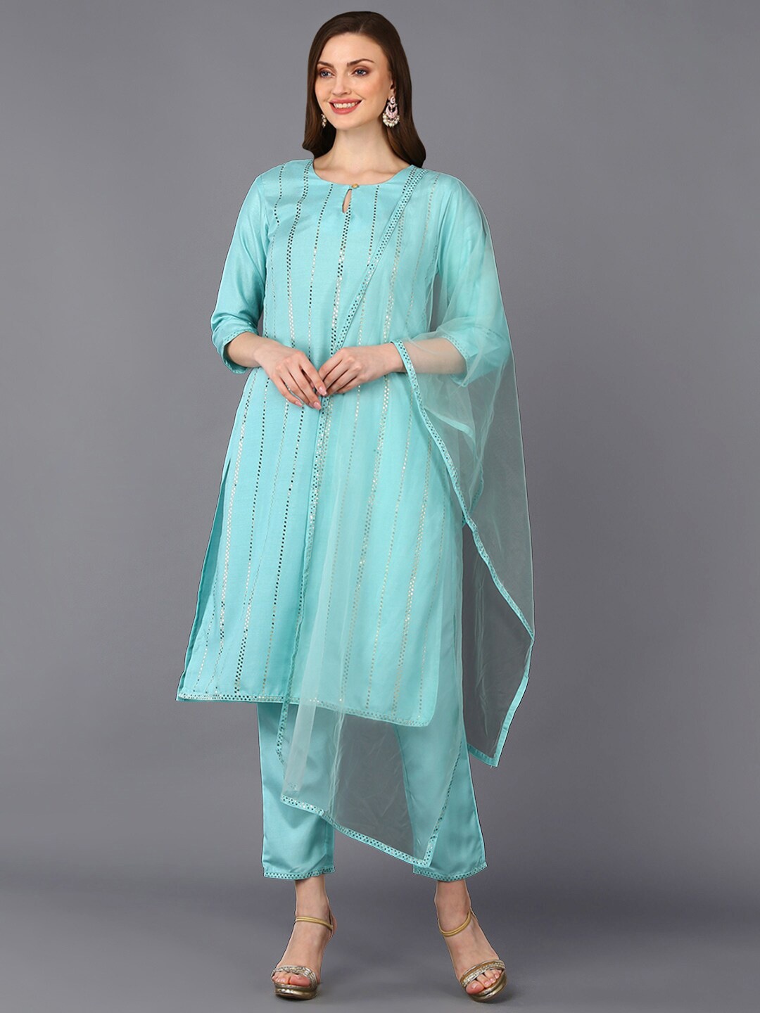 

AHIKA Women Sea Green Striped Sequinned Kurta With Trousers & Dupatta