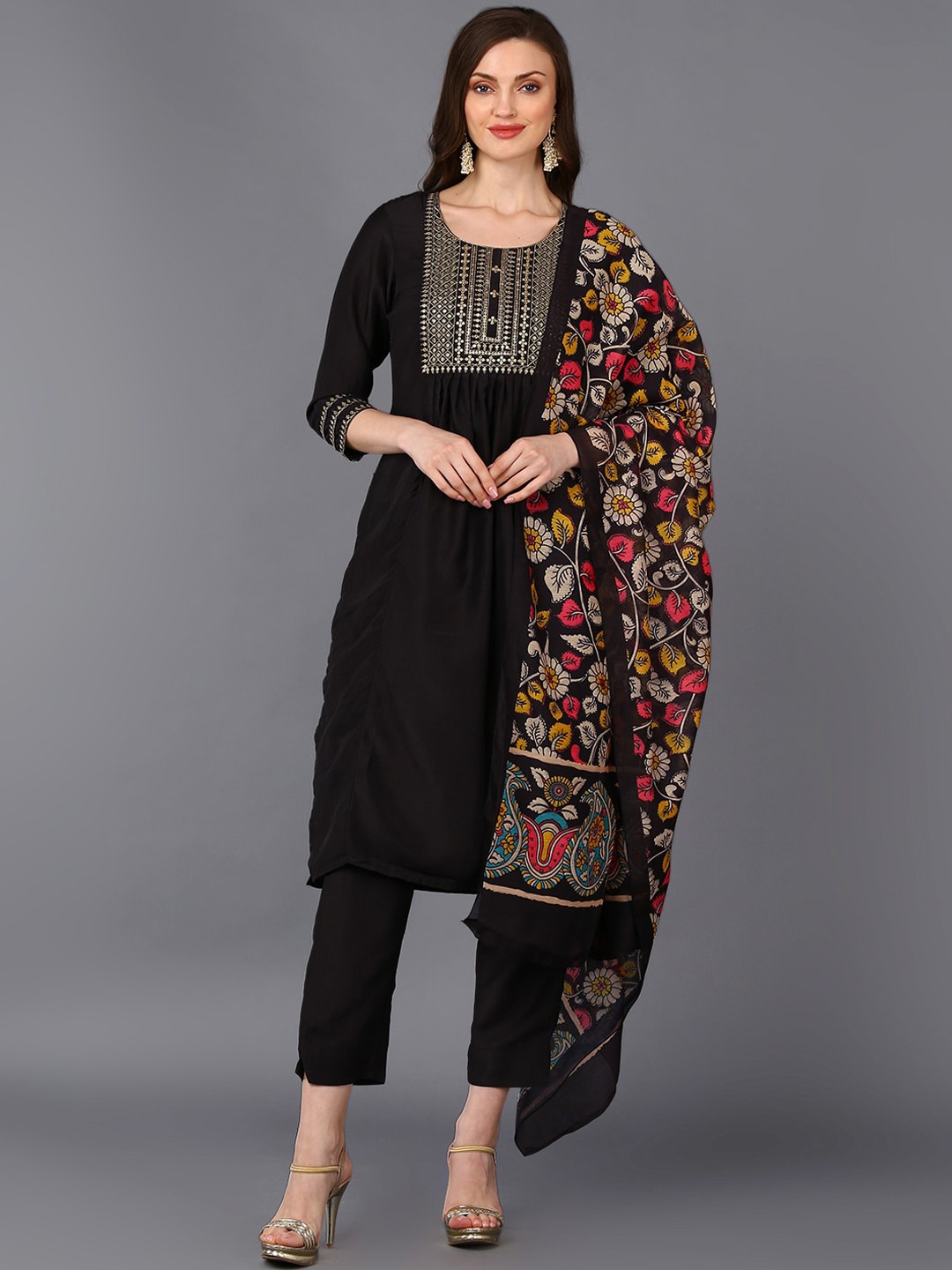 

AHIKA Black Yoke Design Regular Kurta With Trousers & Dupatta