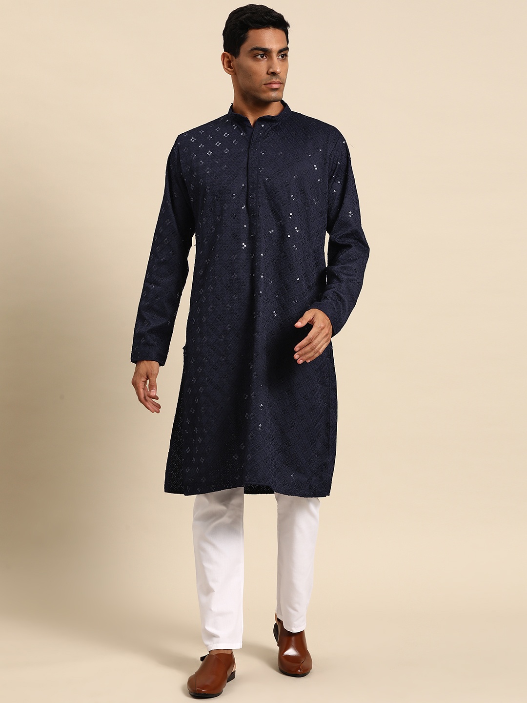 

MANQ Men Navy Blue Regular Sequinned Kurta with Pyjamas