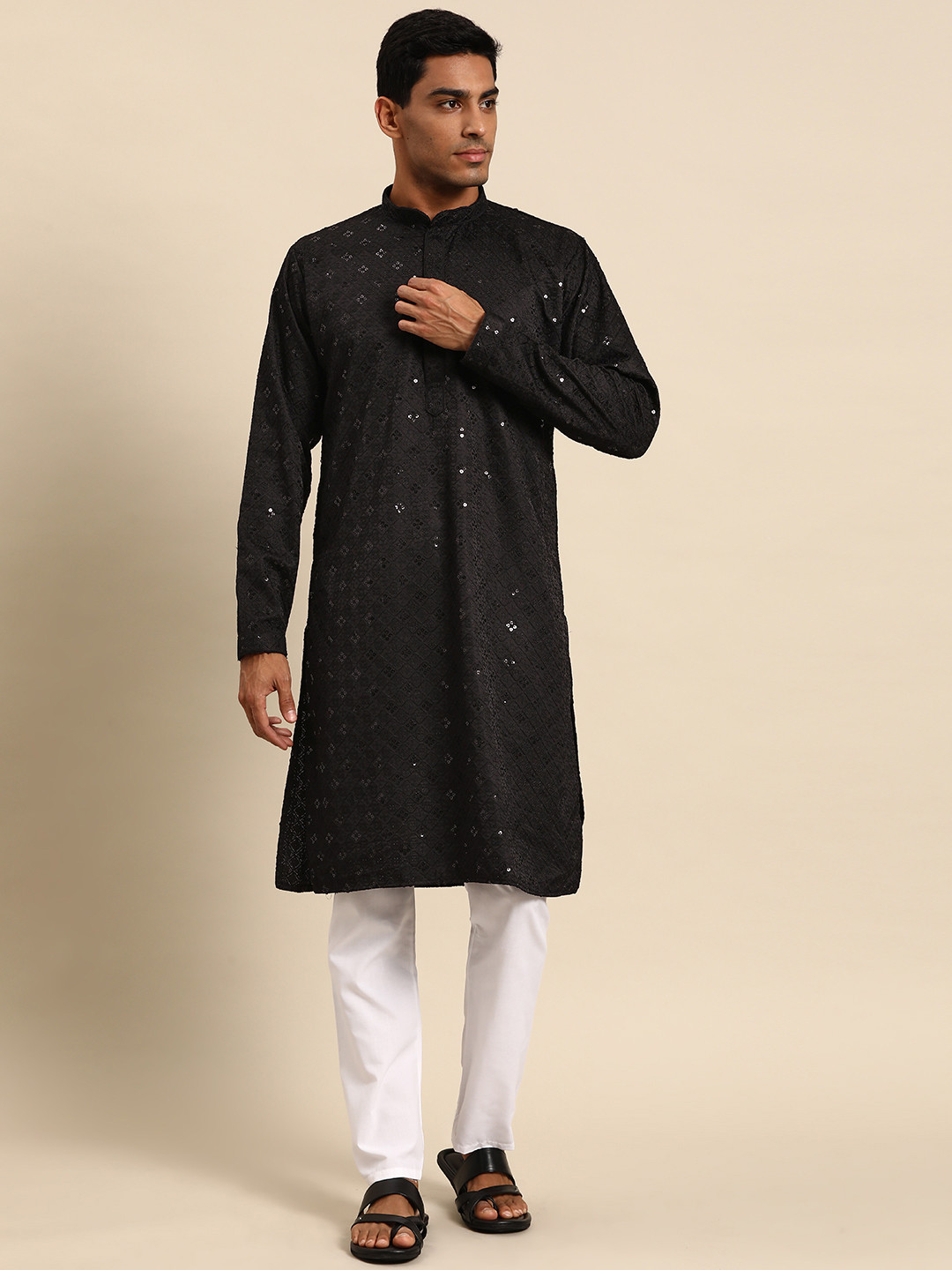 

MANQ Men Black Embroidered Regular Sequinned Kurta with Pyjamas