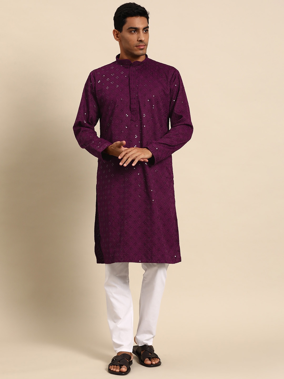 

MANQ Men Burgundy Regular Sequinned Kurta with Pyjamas