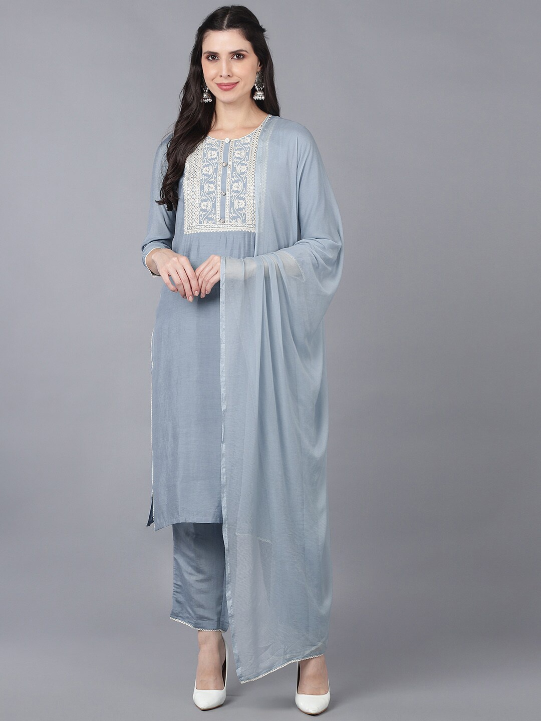 

AHIKA Women Grey Floral Yoke Design Thread Work Kurta With Trousers & Dupatta
