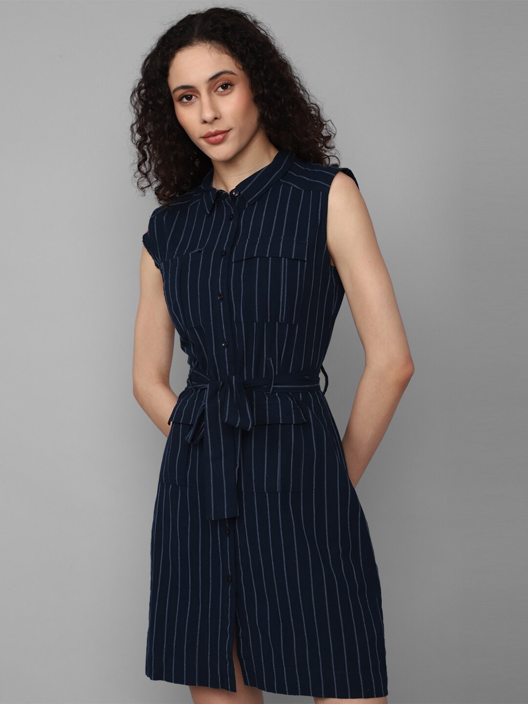 

Allen Solly Woman Striped Oversized Pocket Tie-Up Cotton Shirt Style Dress, Navy blue