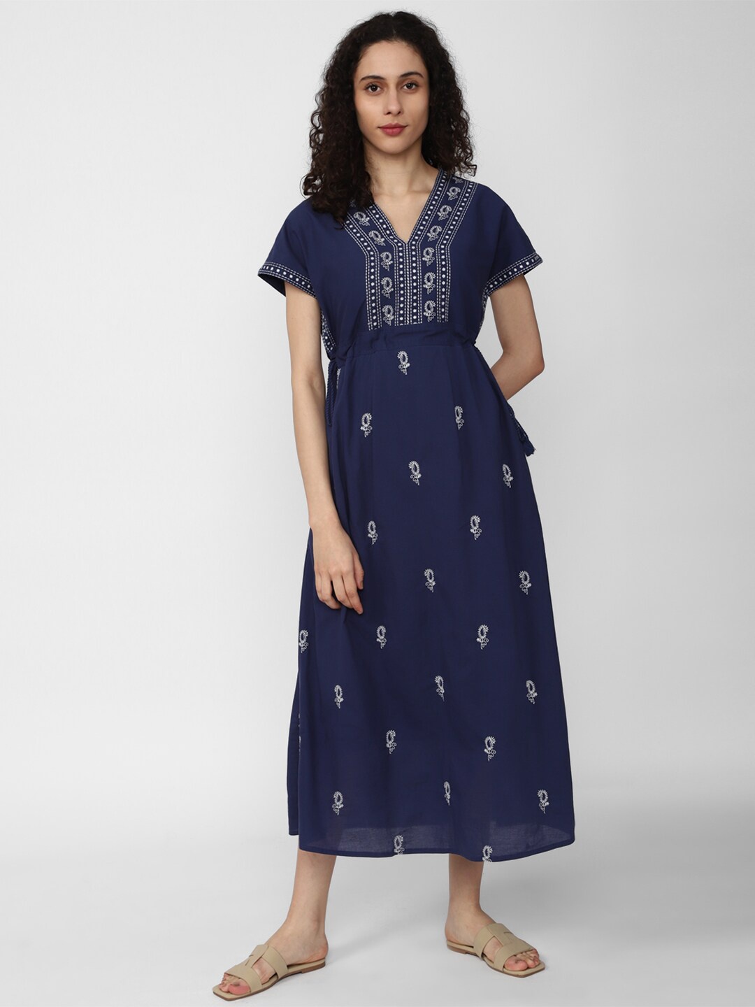 

Van Heusen Woman Paisley Embroidered Pure Cotton A-Line Midi Ethnic Dress, Navy blue