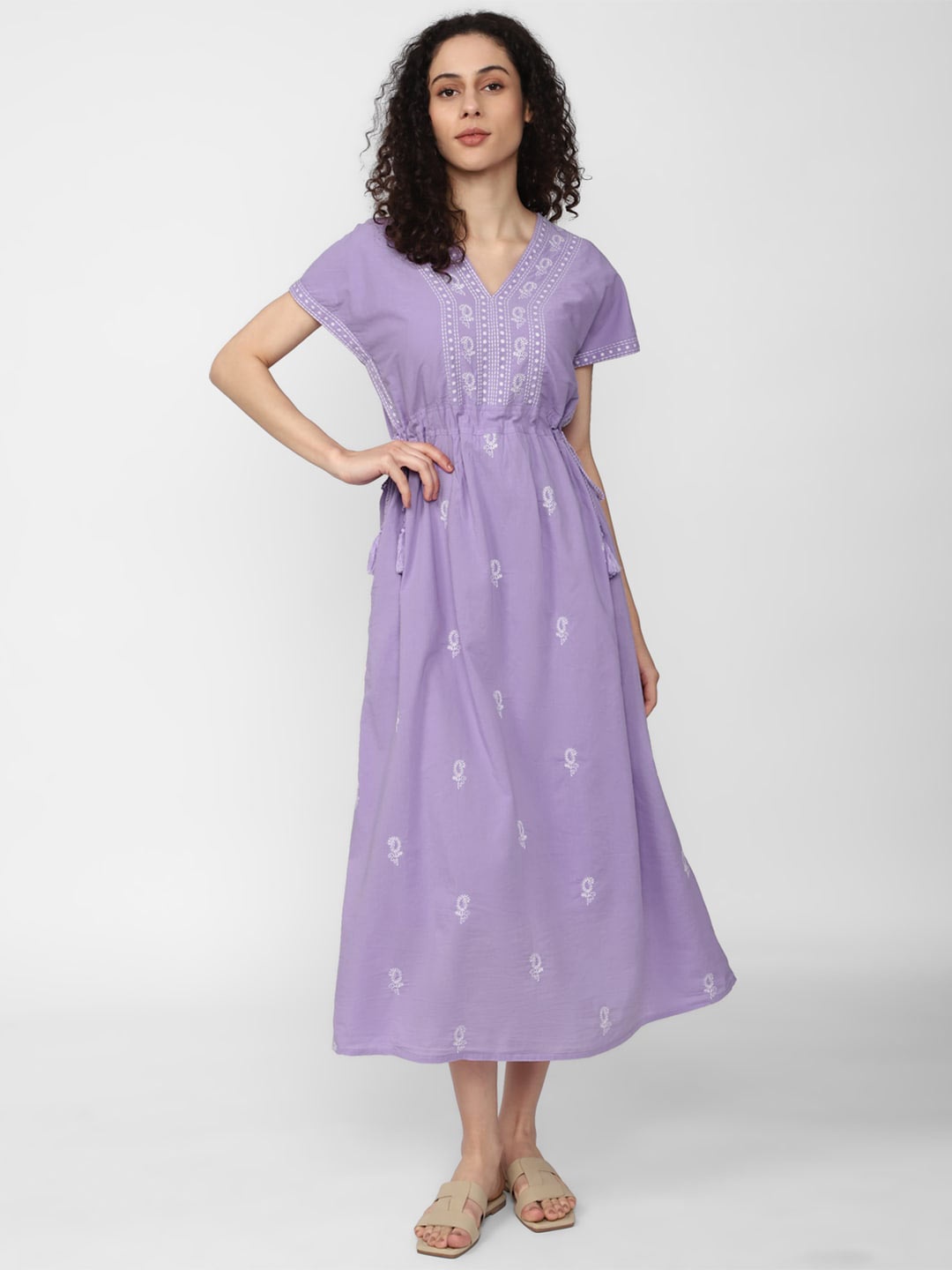 

Van Heusen Woman Paisley Embroidered V-Neck Pure Cotton A-line Midi Ethnic Dress, Purple