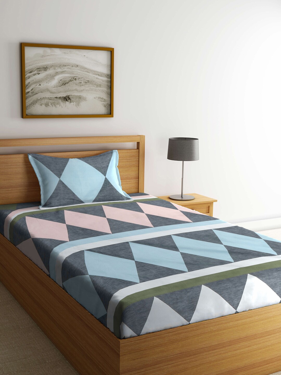 KLOTTHE Blue & Grey Geometric Printed 300 TC Single Bedsheet With Pillow Cover