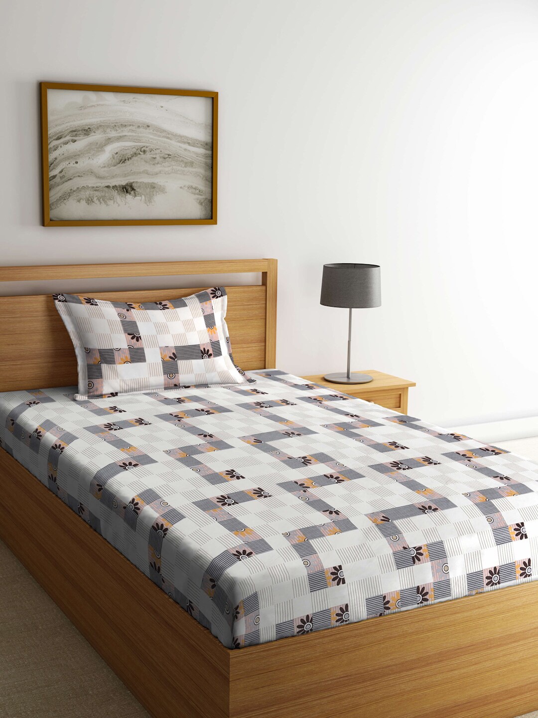 

KLOTTHE Grey & Yellow Geometric Print 300 TC Single Bedsheet With Pillow Cover