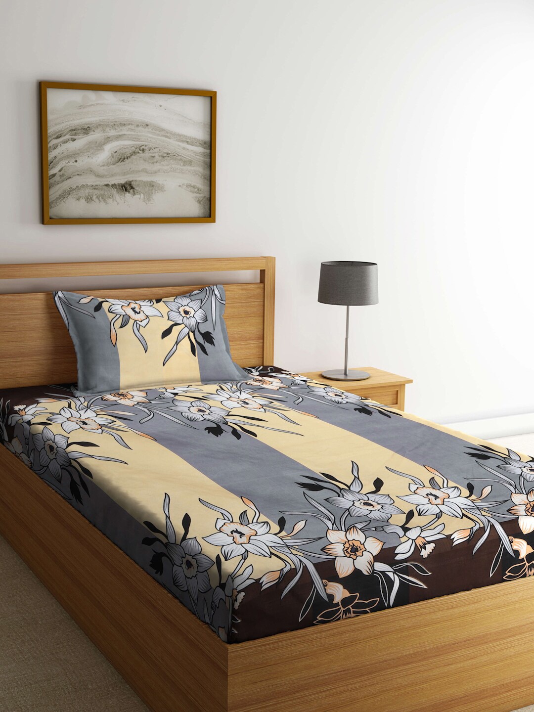 

KLOTTHE Grey & Yellow Floral Printed 300 TC Single Bedsheet & Pillow Cover
