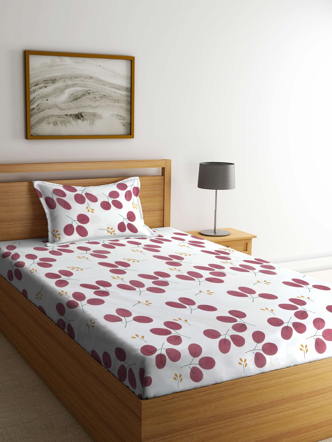 

KLOTTHE White & Red Floral Printed 300 TC Single Bedsheet With Pillow Cover