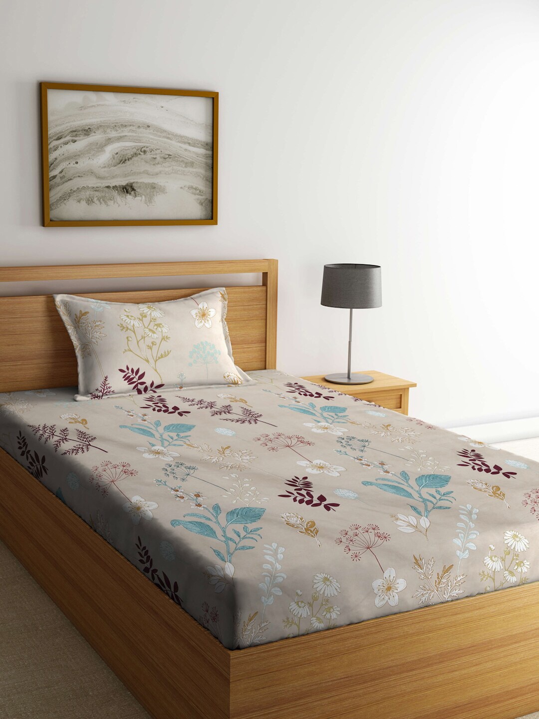 

KLOTTHE Beige & Blue Floral 300 TC Single Bedsheet With Pillow Cover