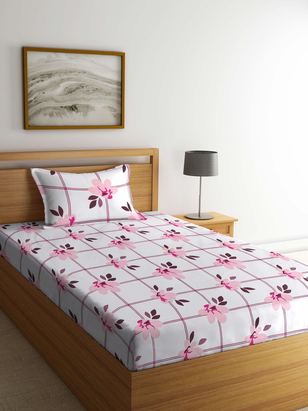 

KLOTTHE Pink & White Floral Printed 300 TC Single Bedsheet With 1 Pillow Cover