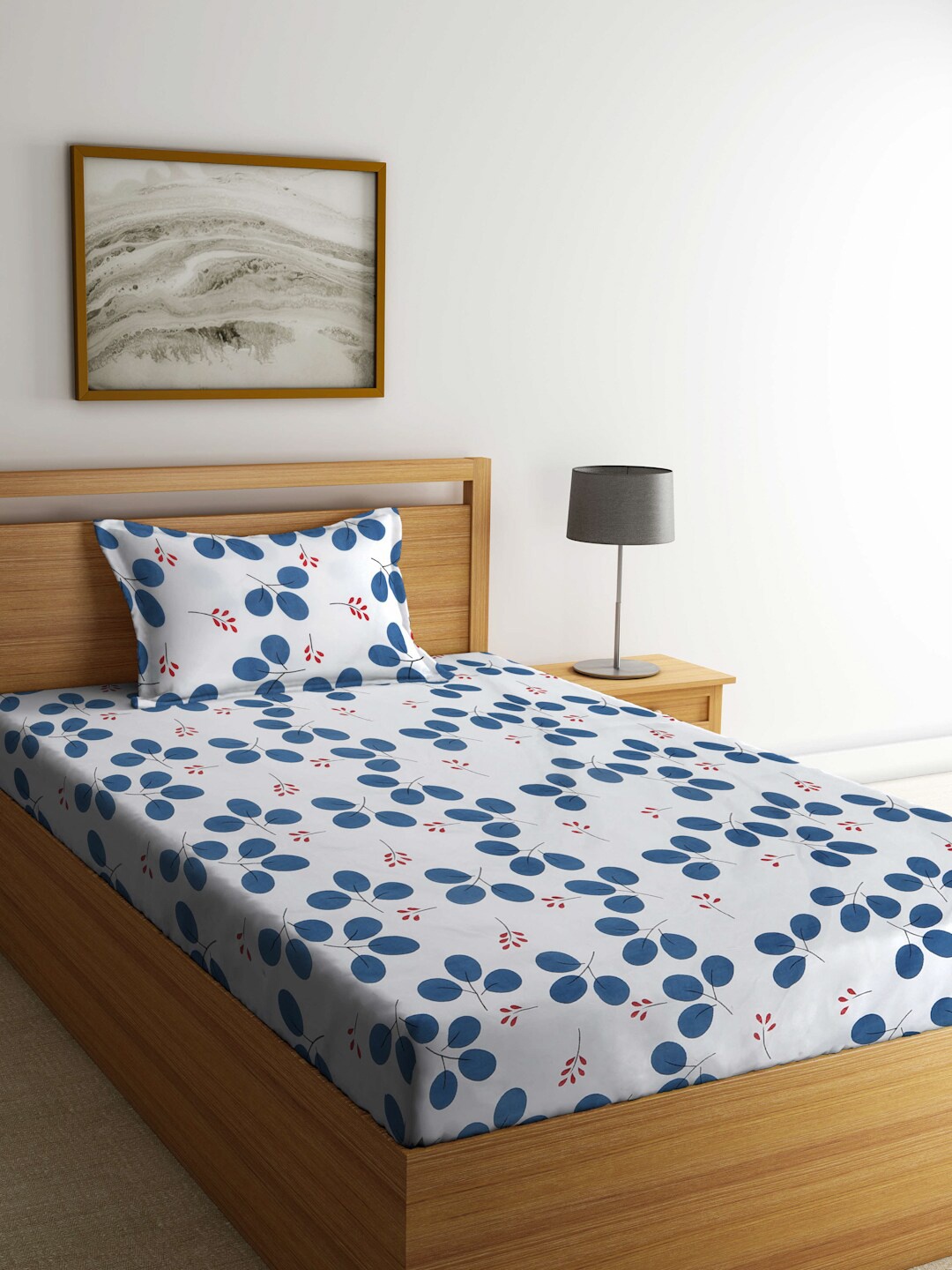 

KLOTTHE Blue & White Floral Printed 300 TC Single Bedsheet With Pillow Cover