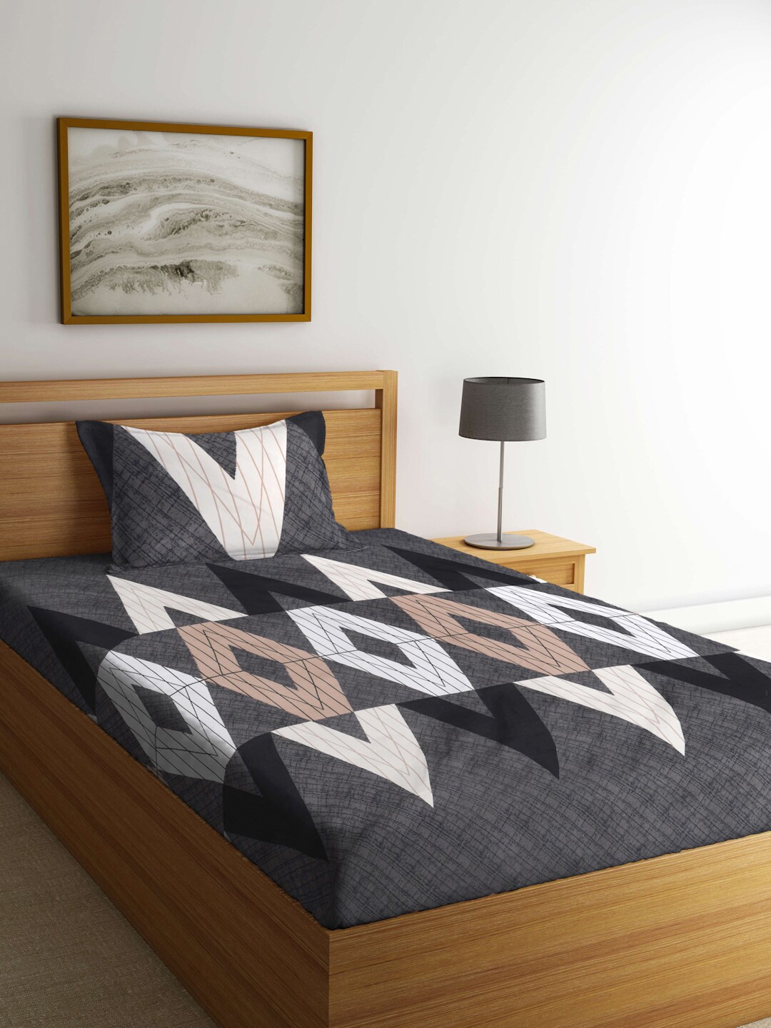 

KLOTTHE Grey & Black Geometric Printed 300 TC Single Bedsheet With 1 Pillow Cover