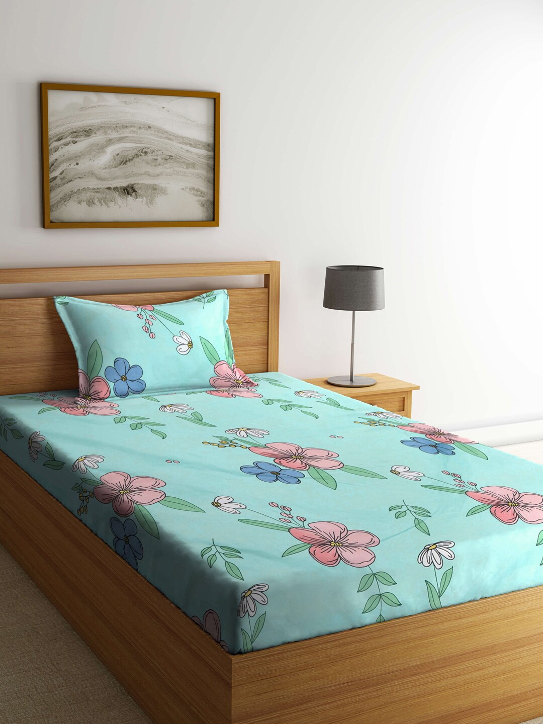 KLOTTHE Blue & Pink Floral Printed 300 TC Single Bedsheet With Pillow Cover