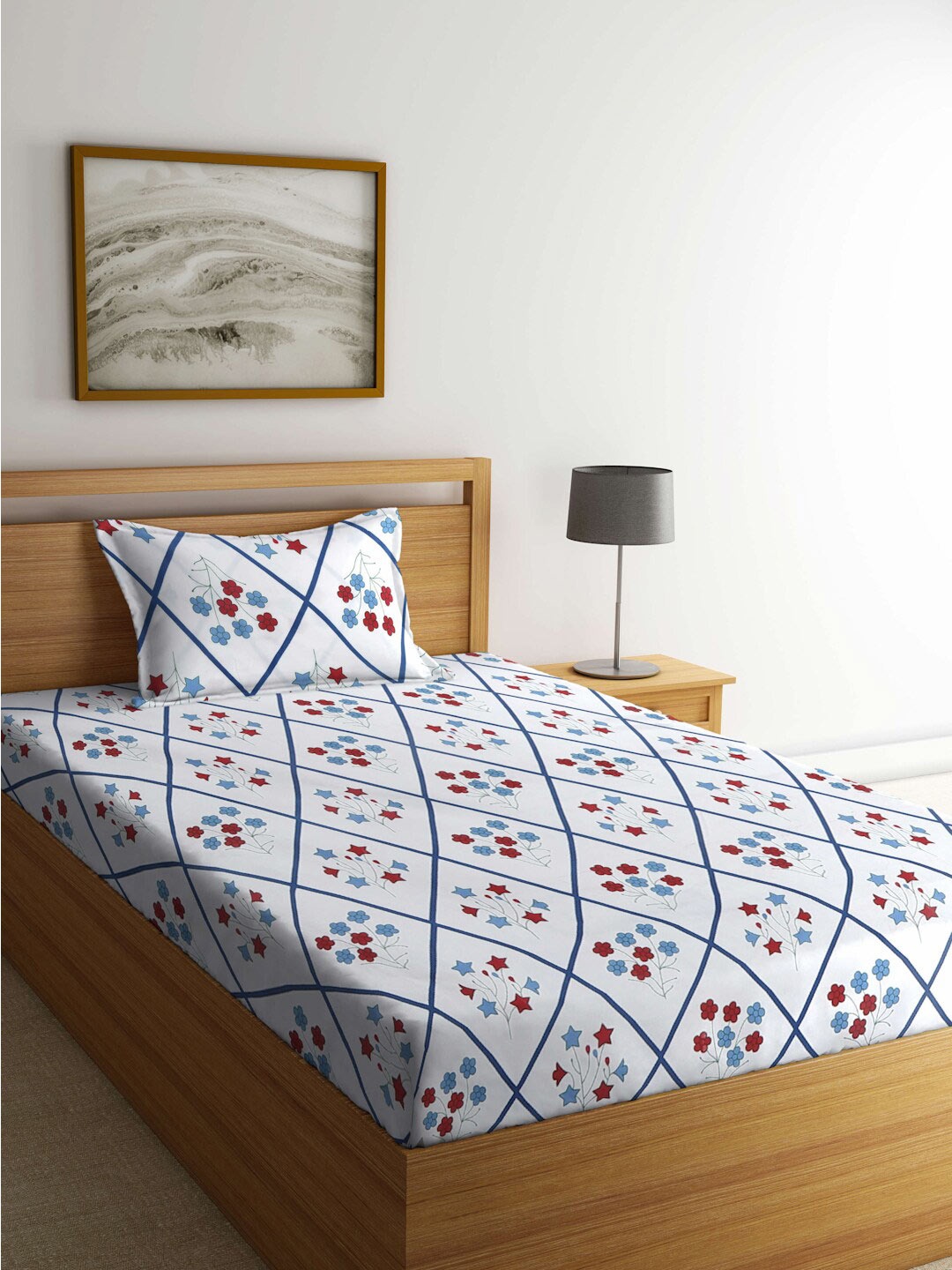 

KLOTTHE Blue & White Floral Printed 300 TC Single Bedsheet With Pillow Cover