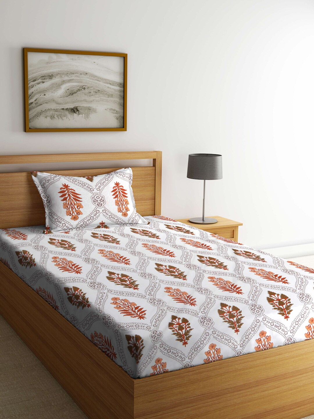 KLOTTHE Grey & Orange Ethnic Motifs Printed 300 TC Single Bedsheet With 1 Pillow Cover