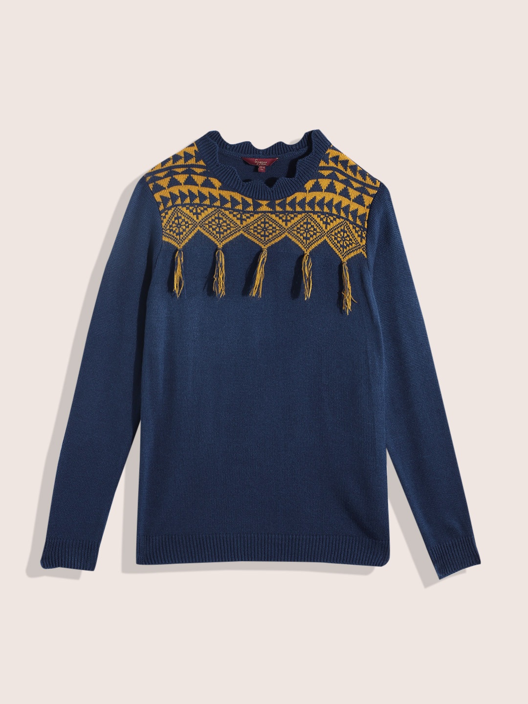 

Sangria Girls Geometric Woven Design Acrylic Pullover with Tasselled Detail, Navy blue