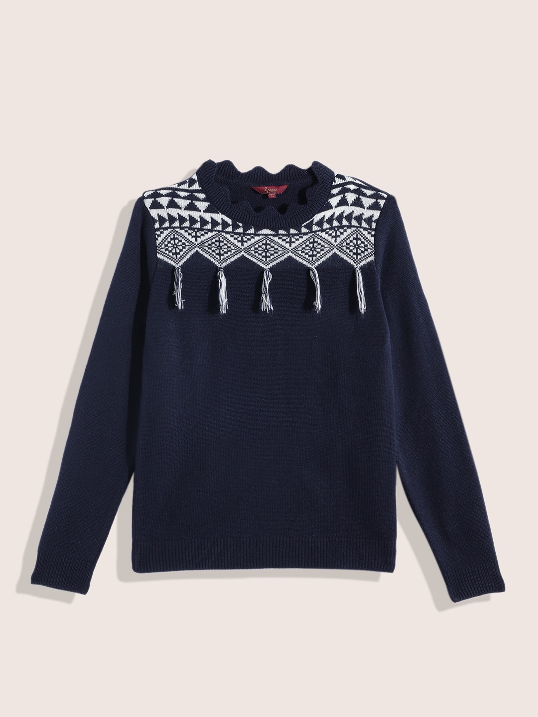 

Sangria Girls Geometric Woven Design Acrylic Pullover with Tasselled Detail, Navy blue