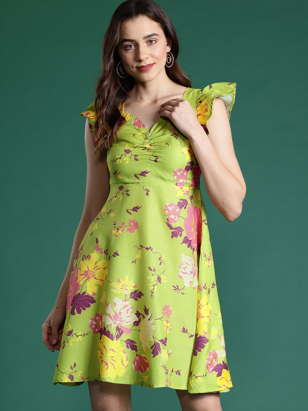 

DressBerry Floral Print Ruched Flutter Sleeve A-Line Dress, Green