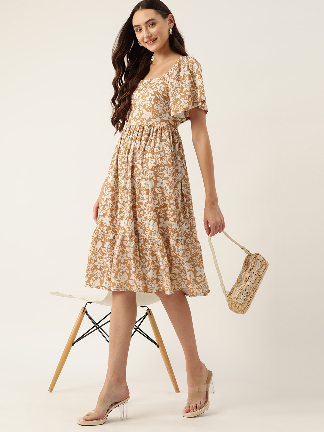 

DressBerry Floral Print Flared Sleeves A-Line Dress, White