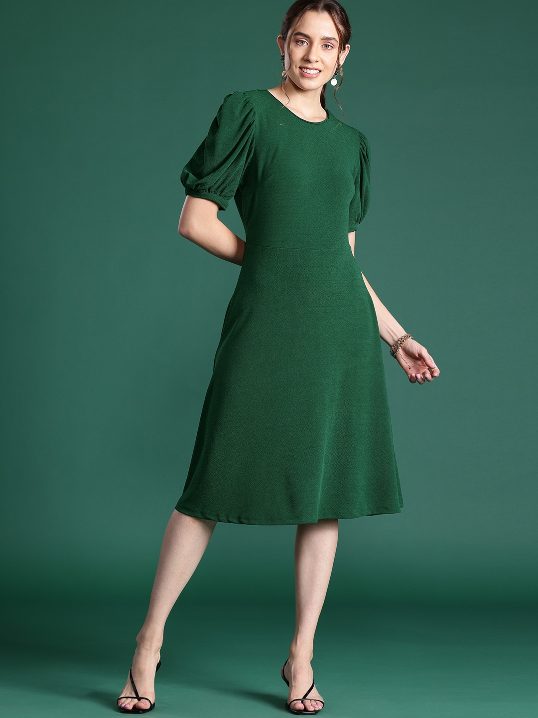 

DressBerry Knitted Puff Sleeves A-Line Midi Dress, Green