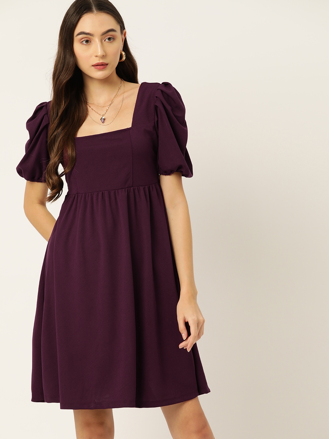 

DressBerry Puff Sleeve A-Line Midi Dress, Burgundy