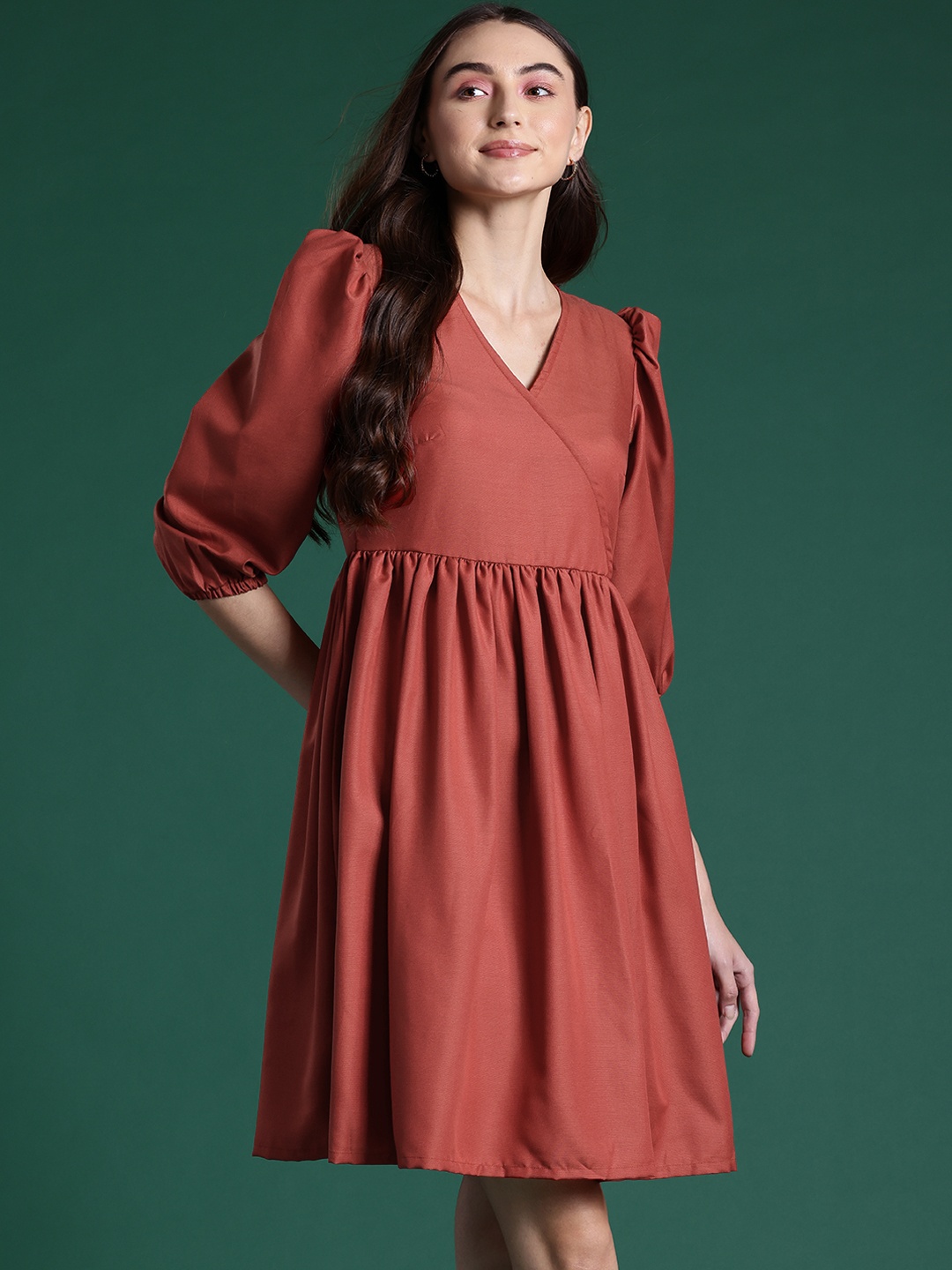 

DressBerry Puff Sleeve Wrap Dress, Rust